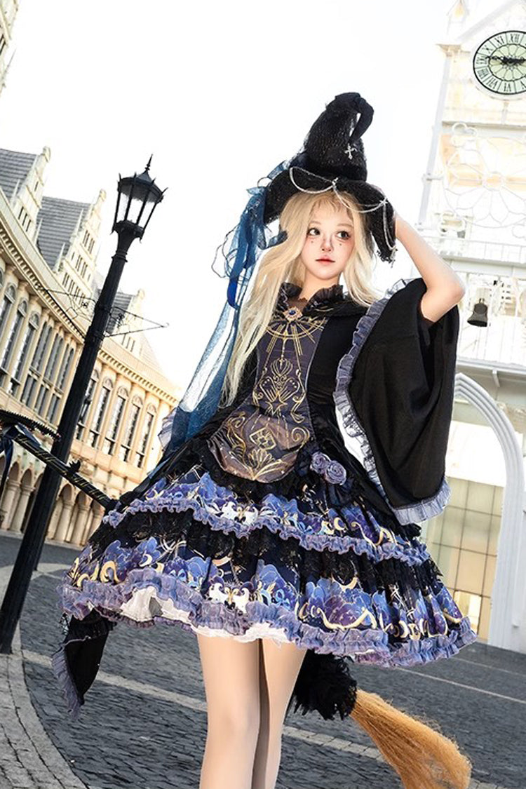 Black Long Sleeve Double Print Ruffle Lace Gothic Lolita Dress