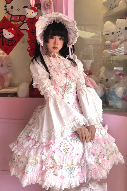 Ivory & Pink Sleeveless Floral Wall Print Lace Bow Sweet Lolita JSK Dress