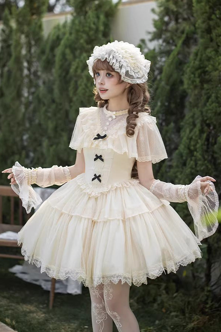 Elegant Sweet Lolita Dress with Edwardian Collar and Ruffled Bow - Ivory