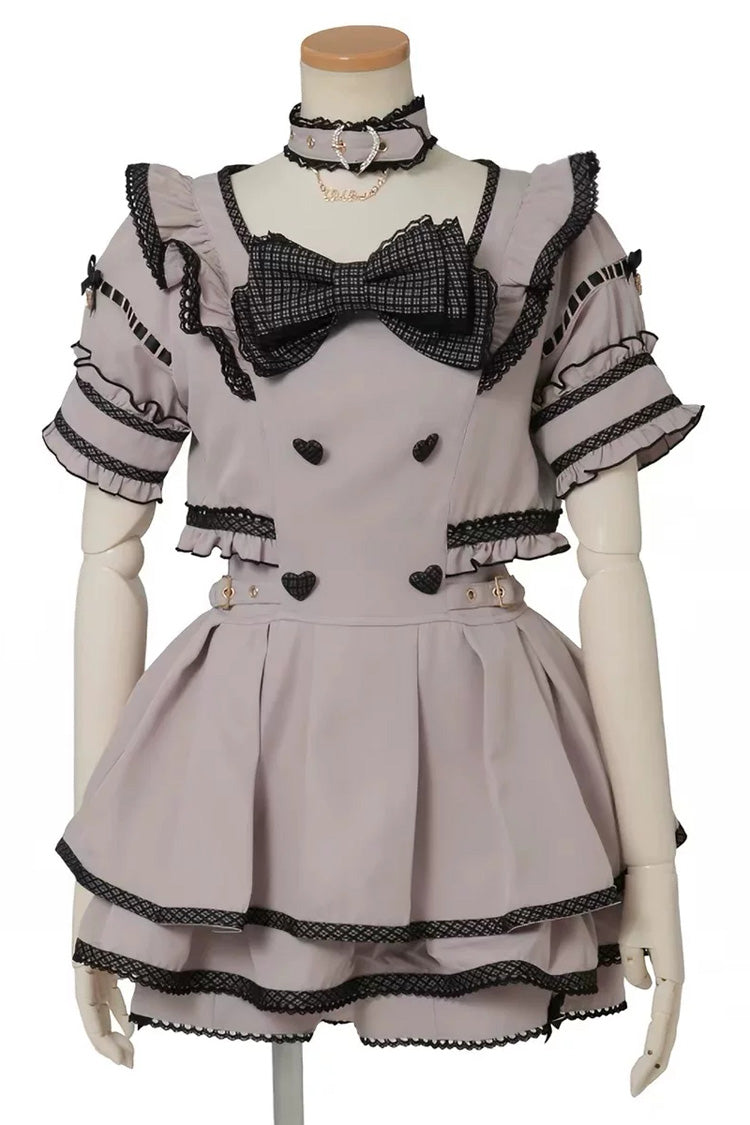Cute Bow Print Square Neck Short Sleeve Plus Size Jirai Dress with Matching Shorts