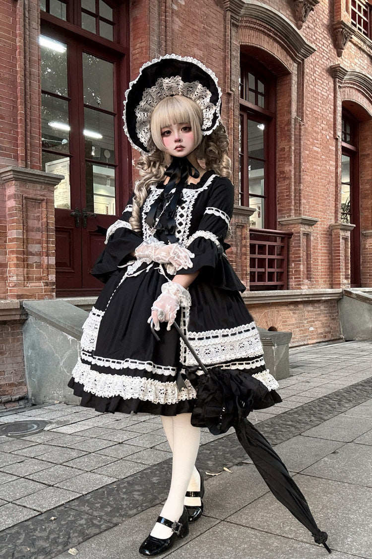 Black Trumpet Sleeve Gothic Dress with Lace and Bow