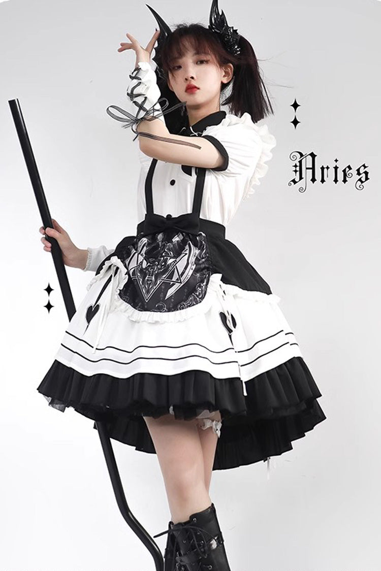 White Black Ruffle British Style Maid Gothic Lolita Strap Dress