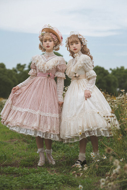 Rose Print Lolita OP Dress with Multi-Layer Ruffles, Sweet Style