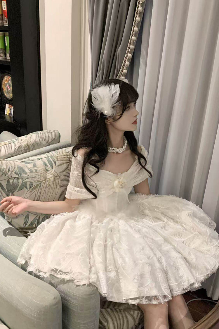 Ivory Moonlight Off-Shoulder Jacquard Embroidered Bow Gothic Mini JSK