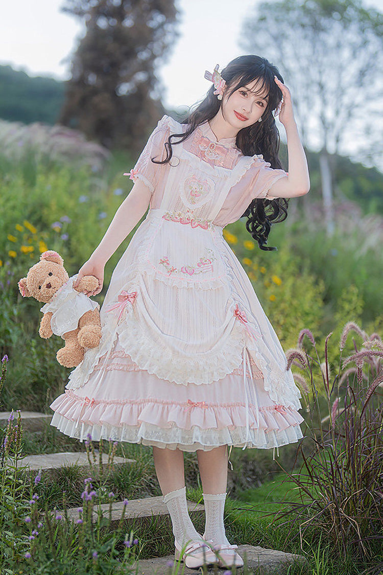 Blush Mandarin Collar Short Sleeve Ruffled Embroidered Lace Sweet Chinese Inspired Lolita Gown