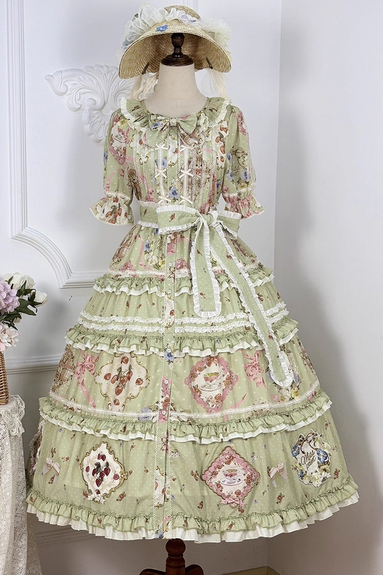 Green Short Sleeve Print Ruffle Cardigan Bowknot Gorgeous Dress