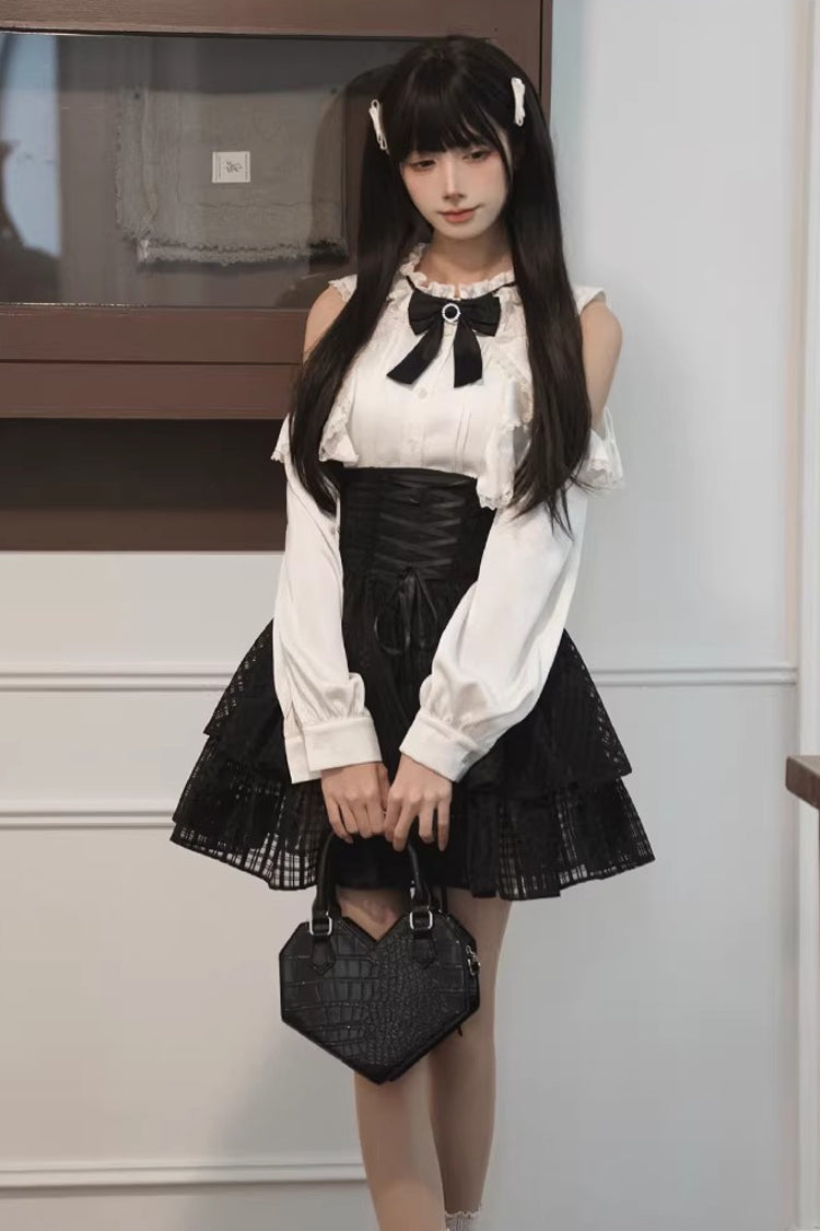 Black and White Round-Collar Cut-Out Bow Lace-Up Elegant Skirt Set