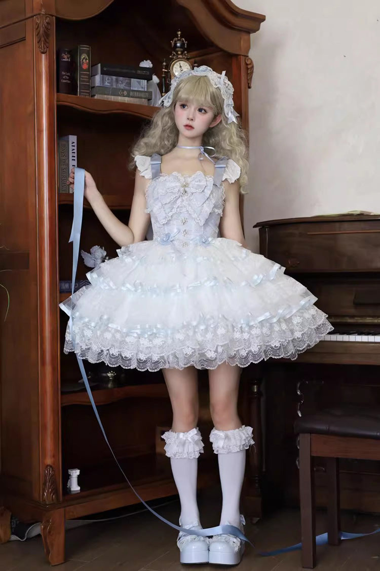 Azure Rose Feather Waltz Sleeveless Triple-Layer Ruffle Bow Lace Ballet Lolita JSK