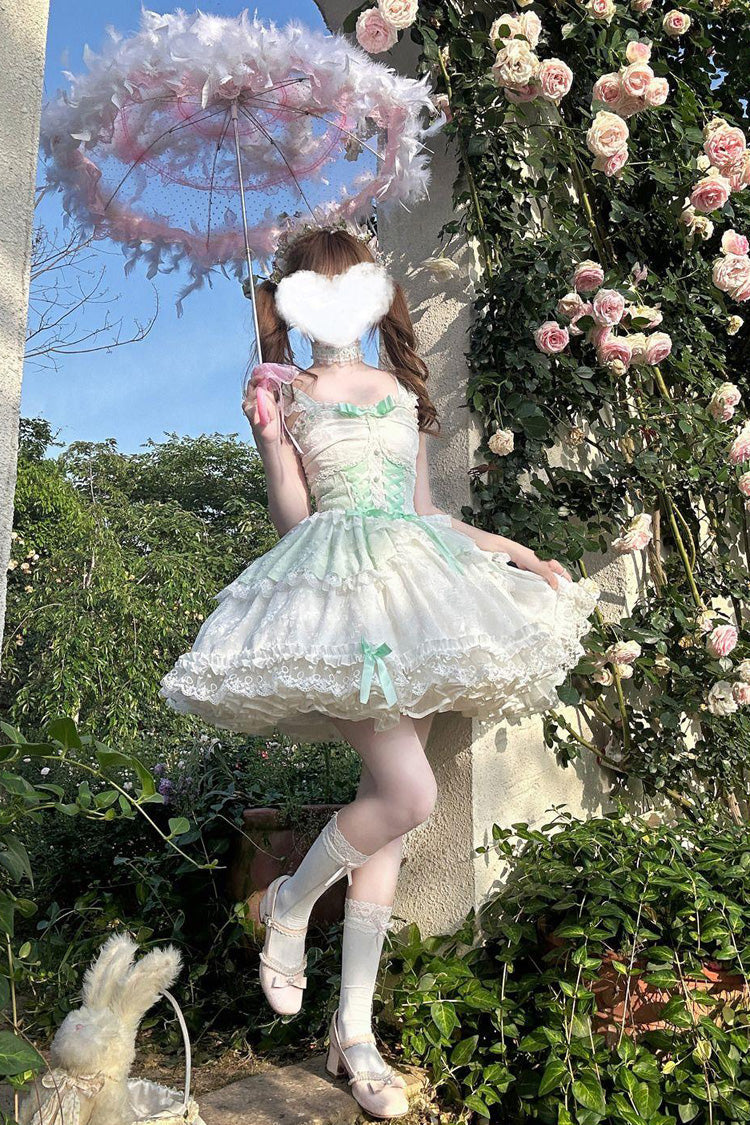 Green Leiffu Sleeveless Ruffle Bowknot Lace Lace-Up Sweet Ballet Lolita Jsk Dress