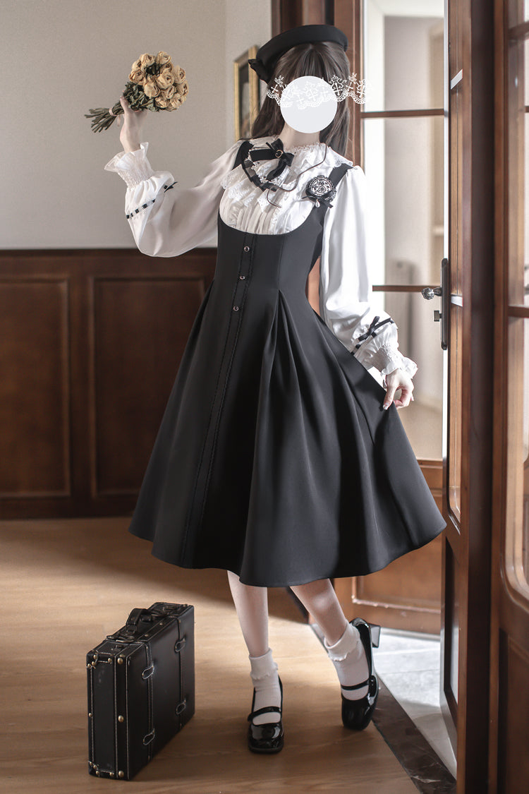 Black/White Sunset Academy Long Sleeves Ruffled Bow Fake Two Pieces Vintage Collegiate Elegant Lolita Gown