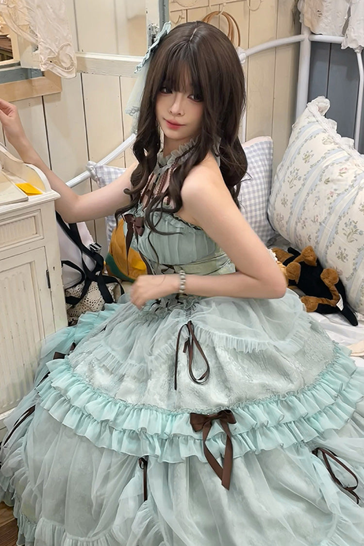 Mint Green Cross Halterneck Lace-Up Princess Sweet Lolita Dress - Ruffled Lace