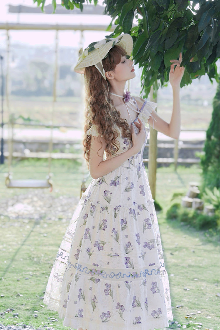 Cream Moonlight Iris Off-Shoulder Print Embroidery Lace Frilled Sweet Lolita JSK Dress