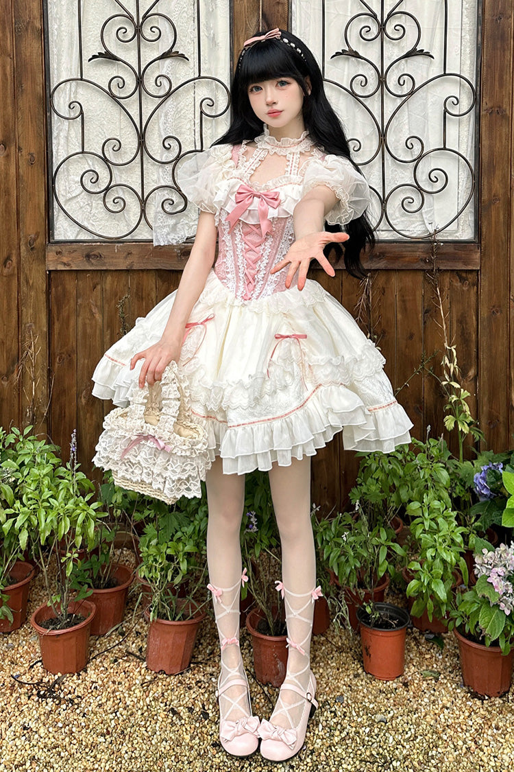 White & Pink Secret Garden Multi-Layer Ruffled Bow Lace-Up Sweet Princess Lolita JSK
