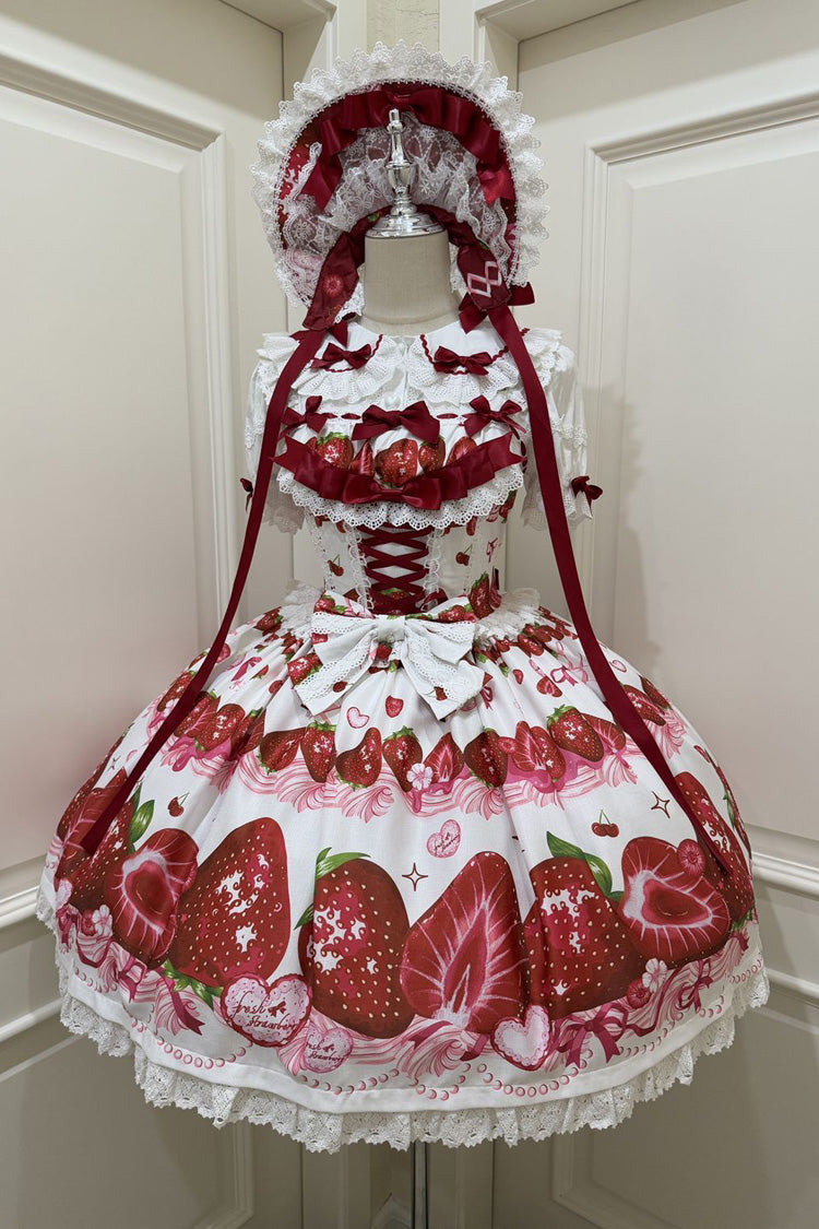 Strawberry Print Ruffled Bow Lace Sweet Lolita JSK