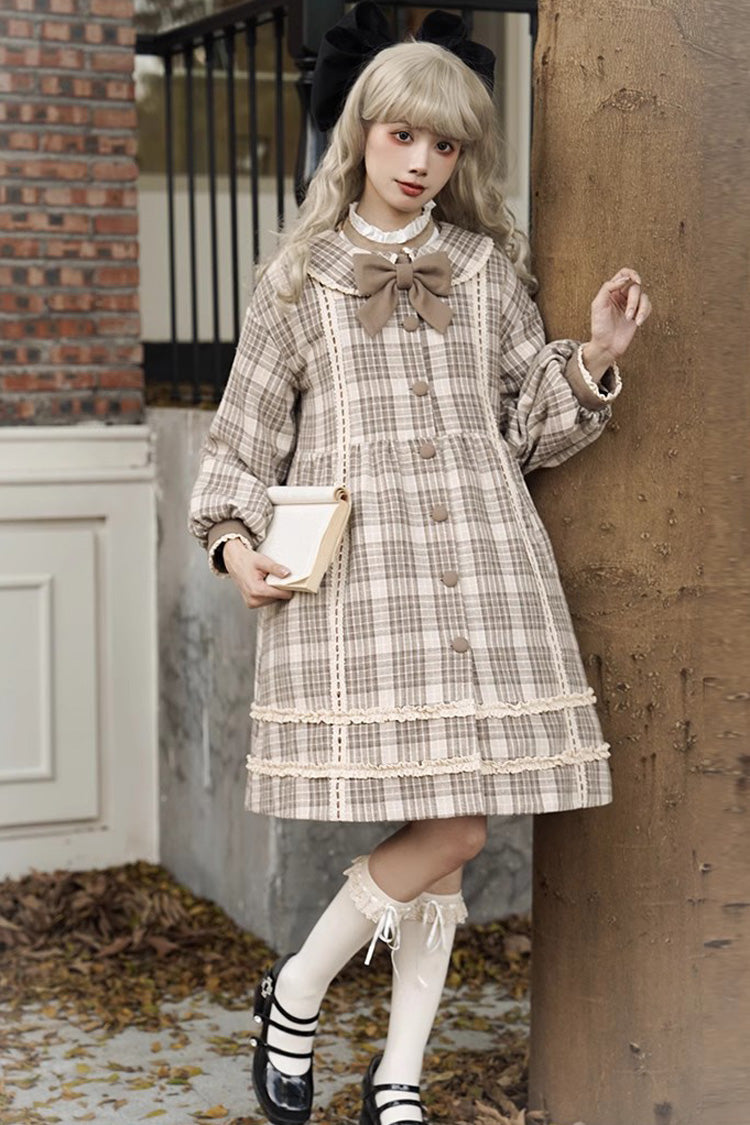 Light Brown Doll Collar Long Sleeve Multi-Layer Print Bowknot Sweet Lolita Coat