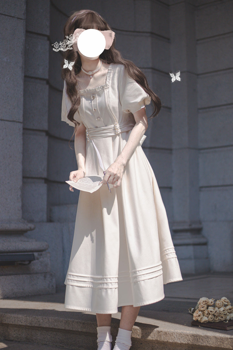 Apricot Classic Vintage Lolita Dress with Square Collar Short Sleeves and Ruffle Trim