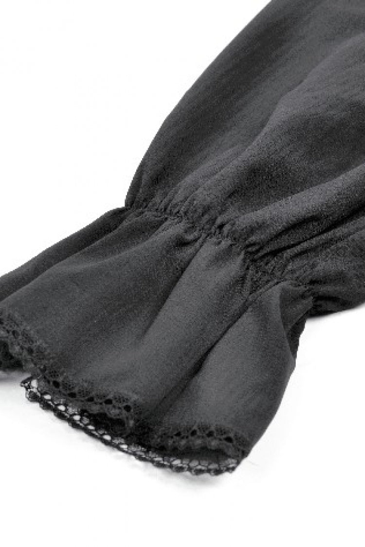 Jet-Black Lace-Up Dress with Bishop Sleeves and Layered Hem