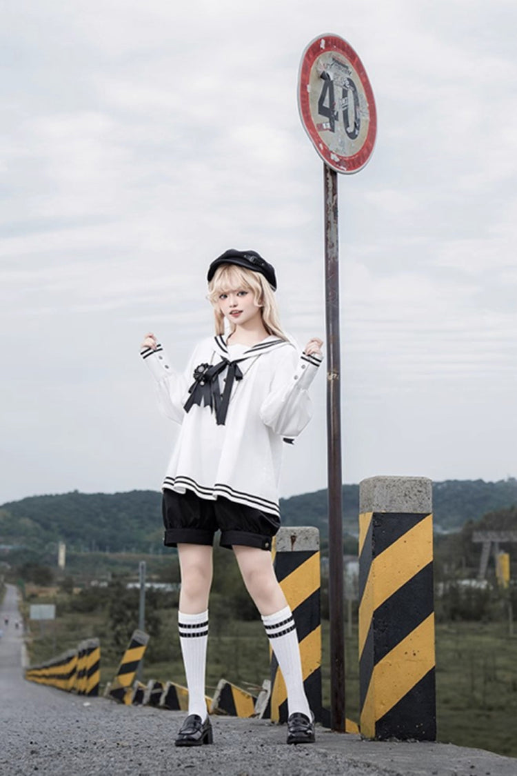 Old Stories Navy Collar Long-Sleeve Bow Ouji Gothic Lolita Set