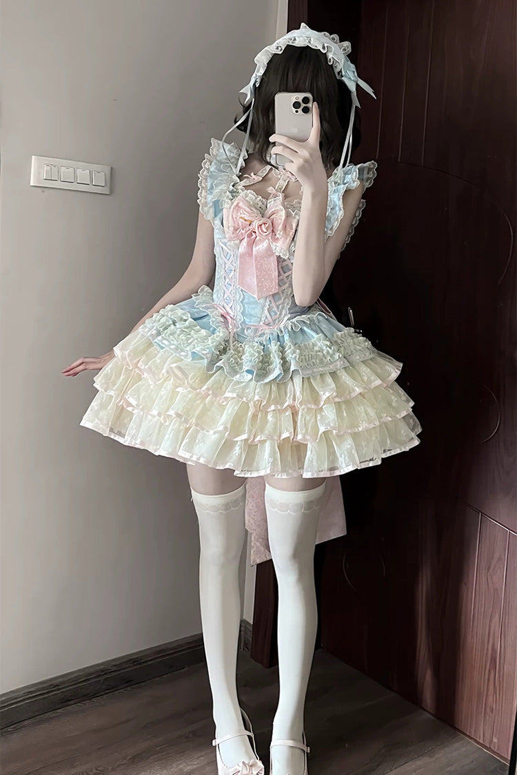 Sweet Ballet Lolita JSK Dress with Ruffled Bowknot and Rose Lace - Blue