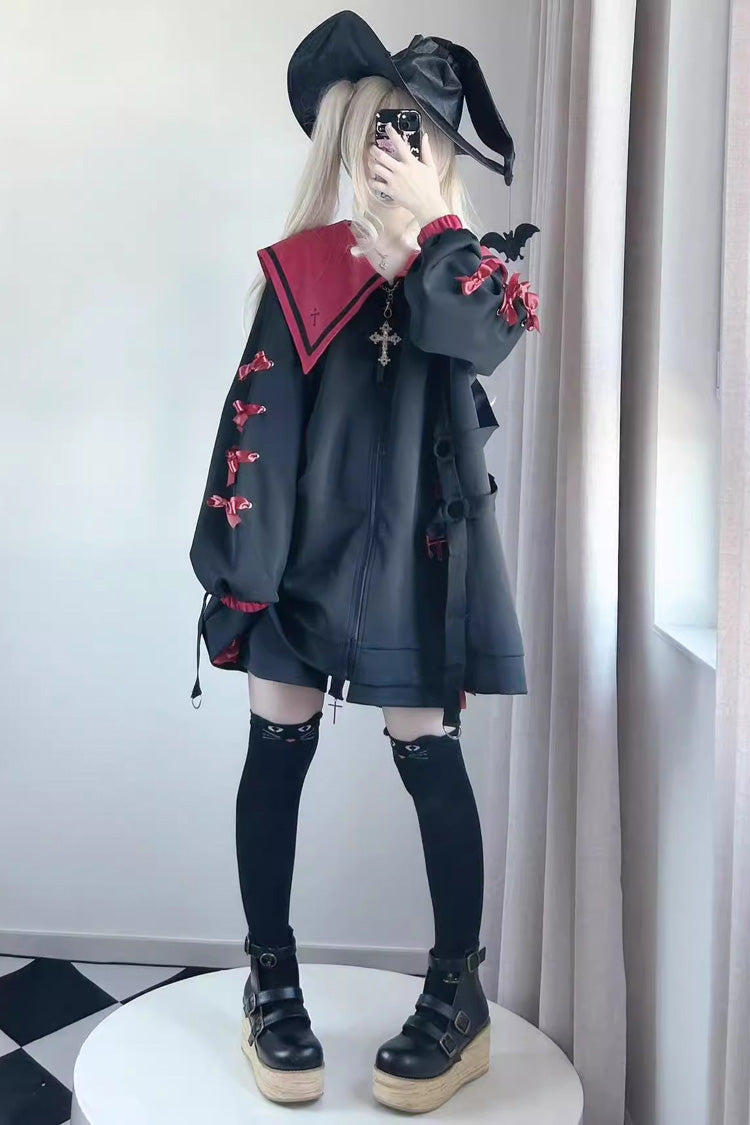 Sailor Collar Long Sleeve Cross Print Bow Coat - Jirai Kei