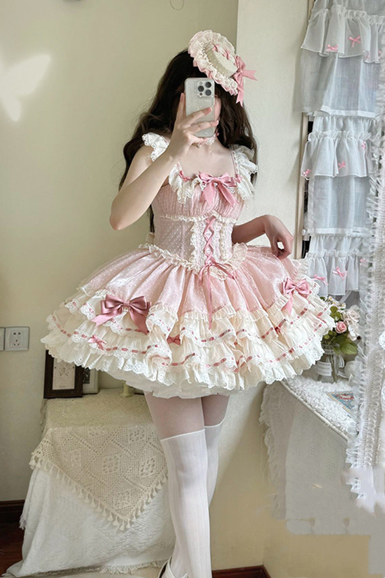 Pink Double-Layered Ruffled Bow Lace-Up Sweet Ballet JSK - Flory Butterfly