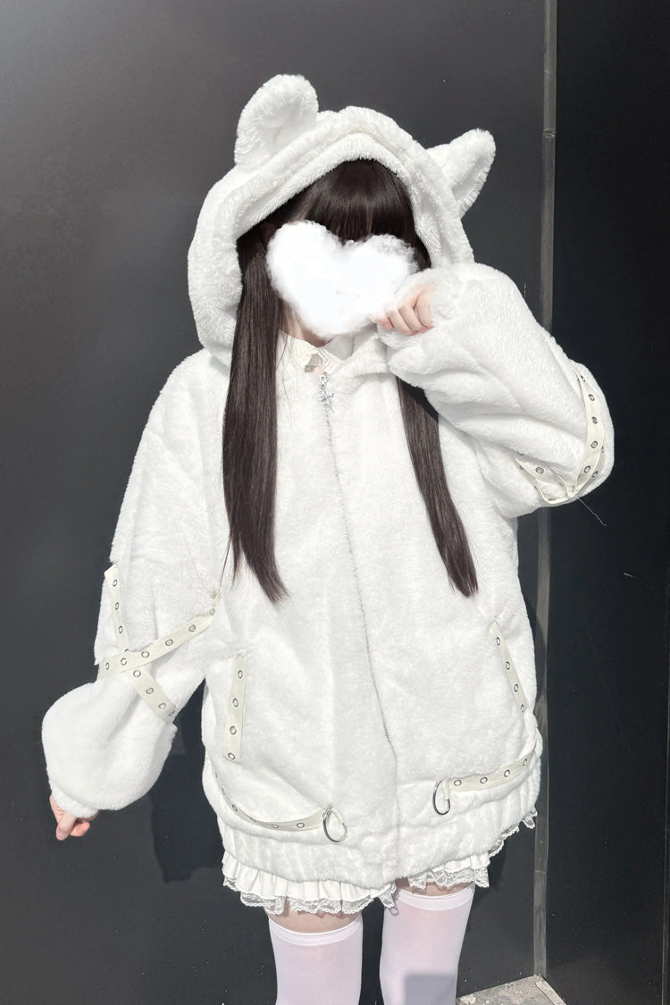 Hooded Jirai Kei Coat with Cat Ears and Zipper - Night Hunter, 2 Colors