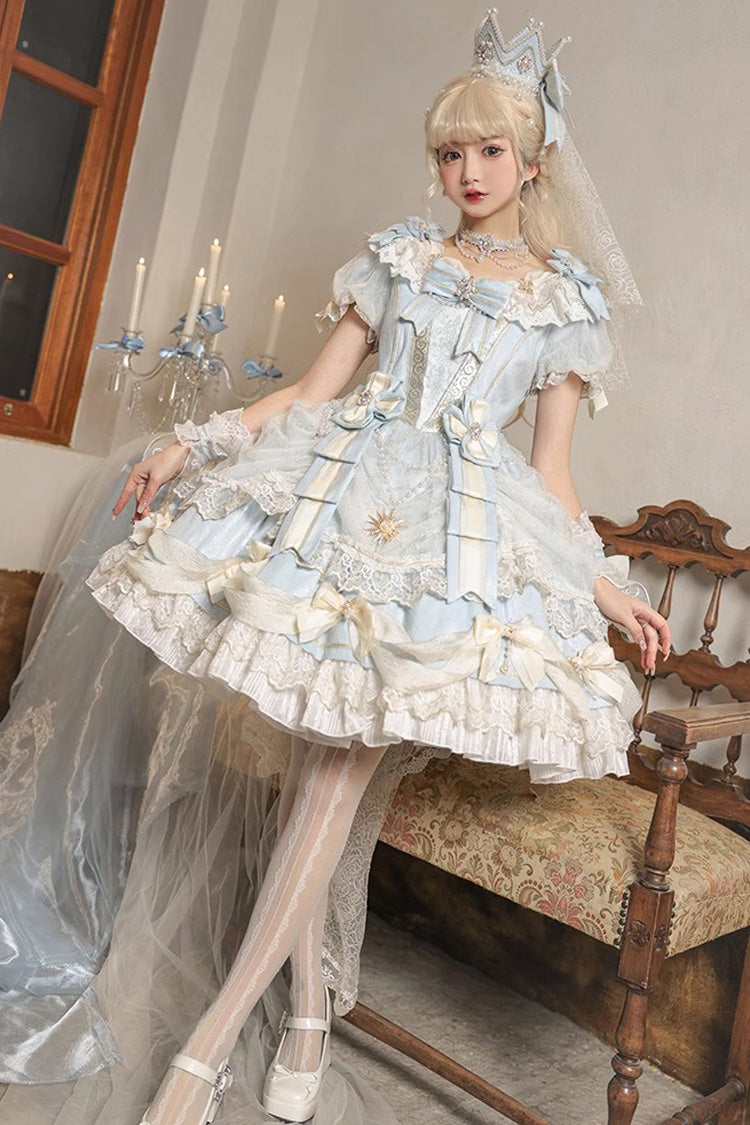 Light Blue Short Sleeve Layered Lace Sweet Dress - Girls' Day