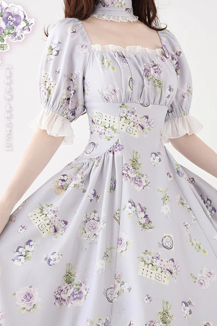 Forest Basket Printed Ruffled Lace Sweet Elegant Dress