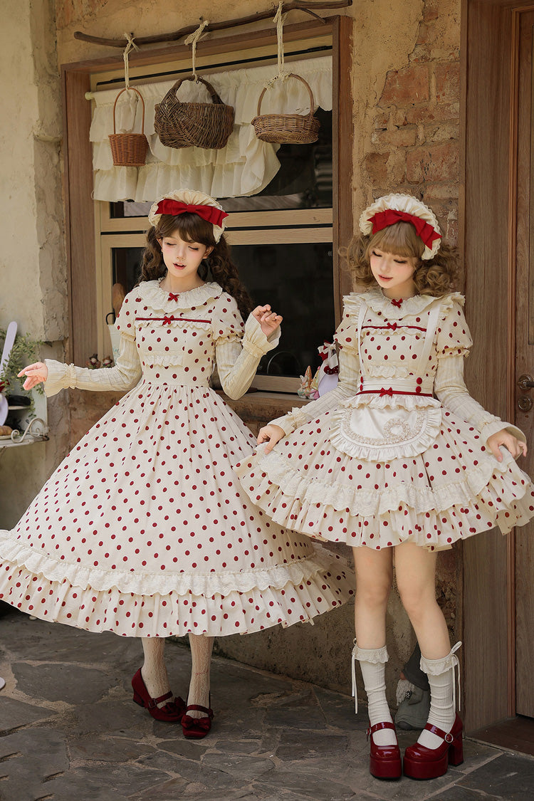 Apricot Sweet Elegant Lolita Dress with Cotton Round Collar Long Lantern Sleeves Polka Dot Print Ruffled Bow Lace
