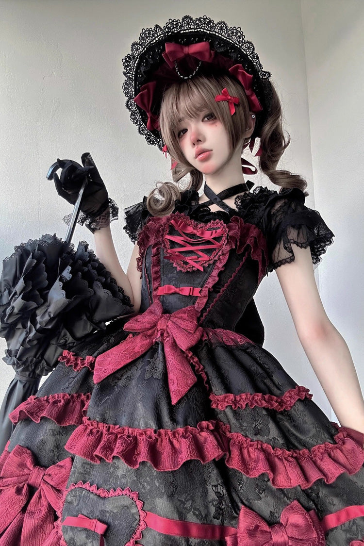Triple-Layered Ruffle Bow Lace Gothic Jsk Dress
