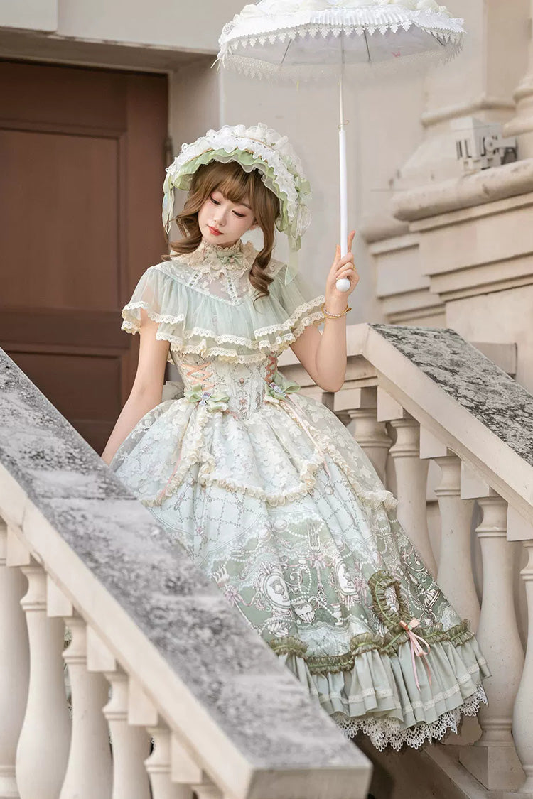 Spring Green Edwardian Collar Jacquard Printed Lace Fishbone Sweet Dress - Cloudborne Prelude