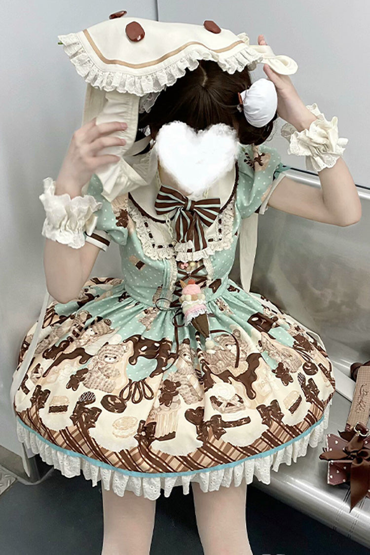 Brown Chocolate Cake Bear Print Ruffled Bow Lace-Up Sweet Dress - Peppermint Chocolate