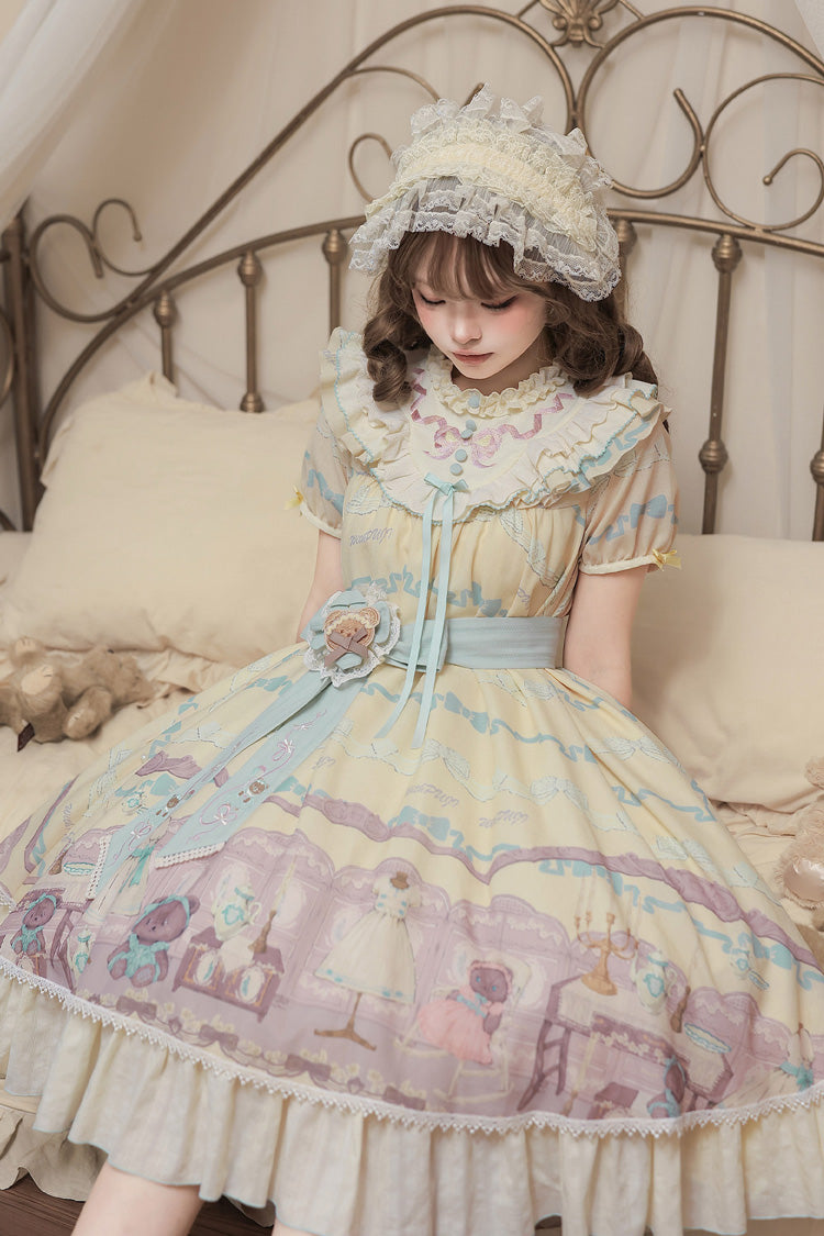 Brown Dollhouse Short Sleeves Bear Printed Ruffled Bow Sweet Lolita Dress Set - Yellow