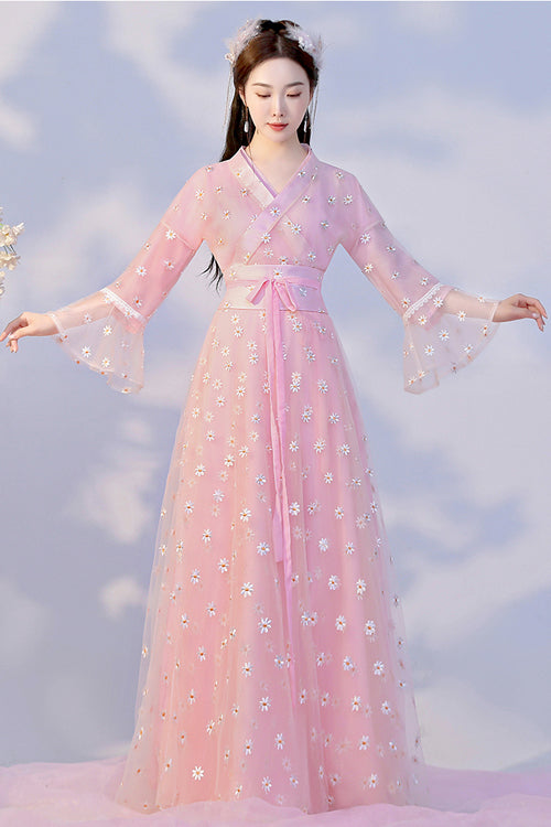 Blush Sunflower Embroidered Flared Sleeves Sweet Hanfu Gown