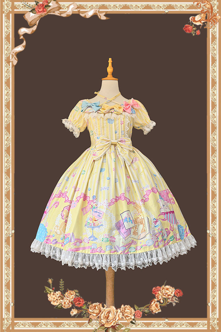 Yellow Square Collar Lantern Sleeve Sweet Lolita Dress Bow Print - Macarons Dolly House