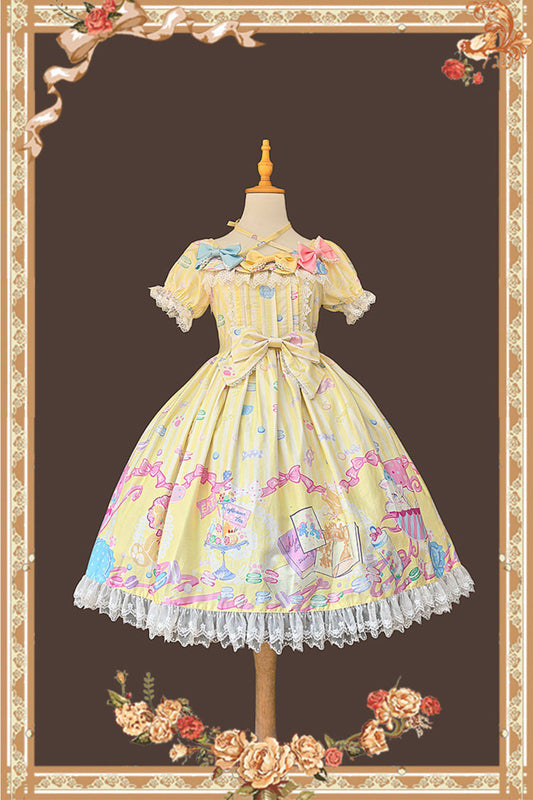Yellow Square Collar Lantern Sleeve Sweet Lolita Dress Bow Print - Macarons Dolly House