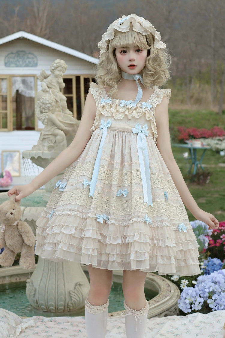 Beige Little Wind Chime Sleeveless Multi-Tiered Printed Ruffled Bow Lace Sweet Elegant Princess Lolita Jumper Dress