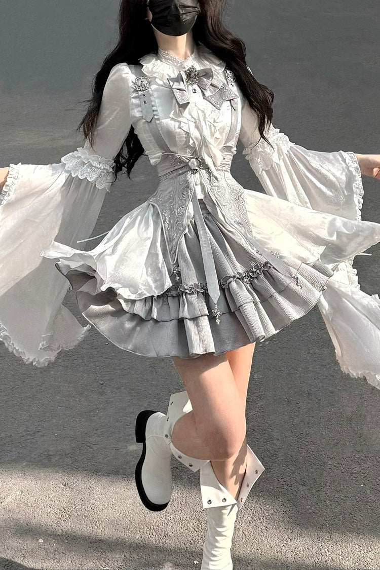 Ivory and Silver Key Embroidered Open-Front Bow Gothic Lolita Skirt Ensemble