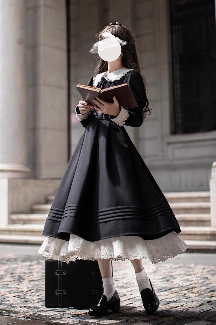 Black Doll Collar Long Sleeve Bow Classic Vintage Dress - Angelina