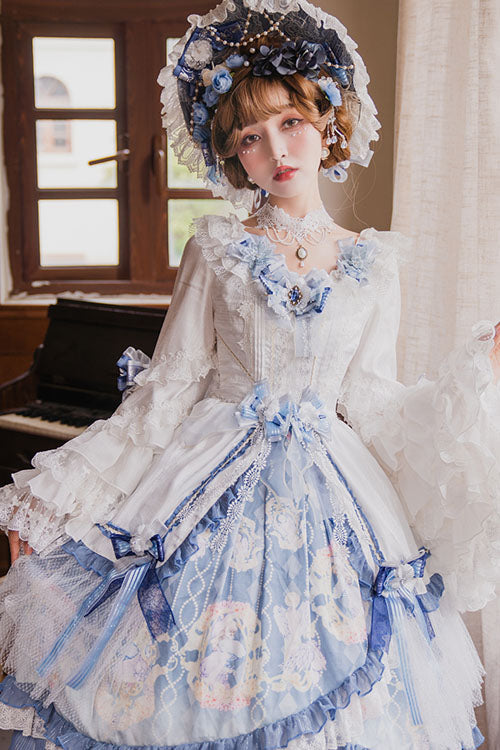 Cerulean and Ivory Embroidered Floral Hanayome Long Sleeve Multi-Layer Ruffled Sweet Lolita OP Dress