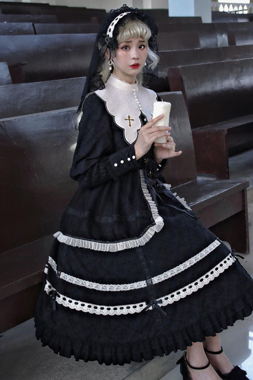 Black Cross Church Lace Long Sleeve Ruffled Classic Lolita OP Dress - Altfashion Shop