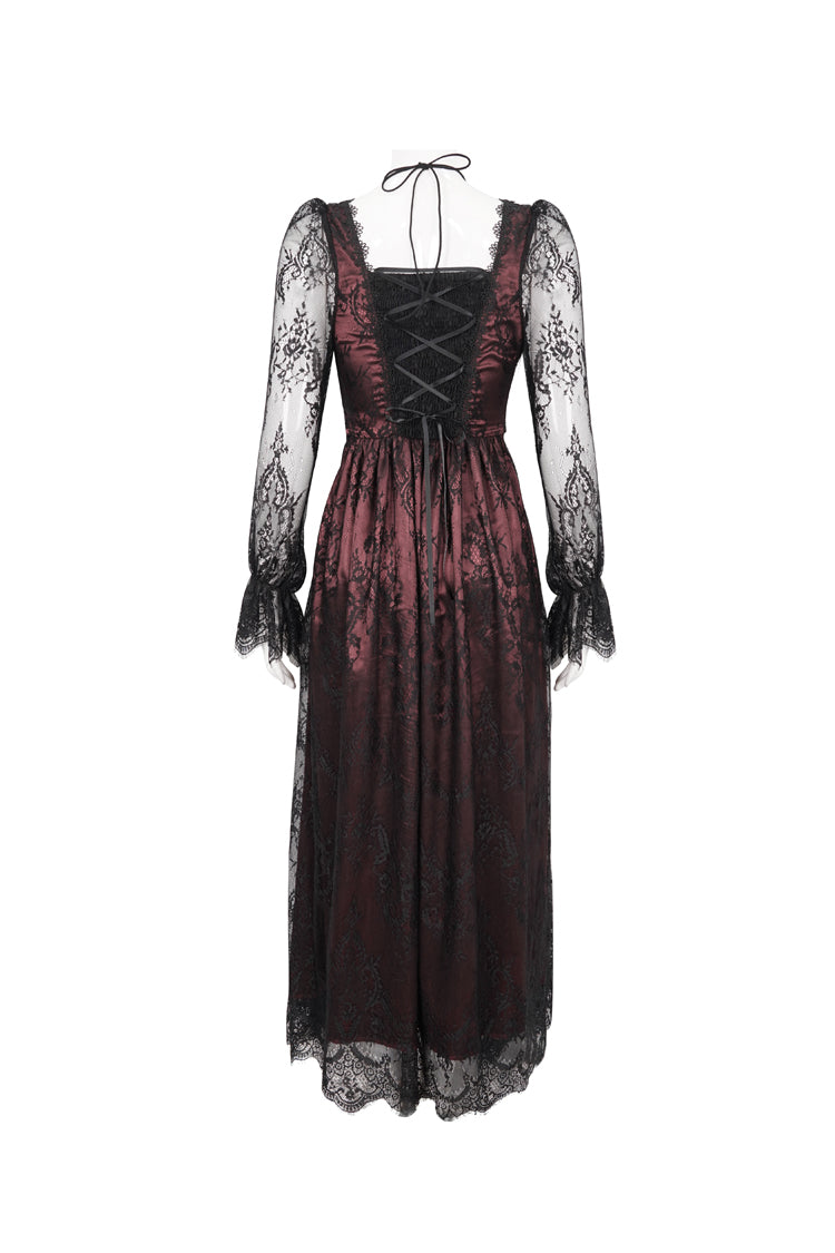 Crimson Lace-Trimmed Cutout Adjustable Waist Gothic Gown