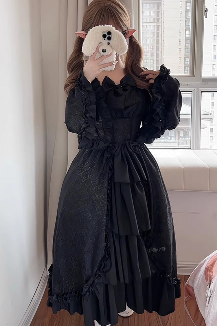 Noir Ruffle Cardigan with Bow Accents and Princess Sleeves