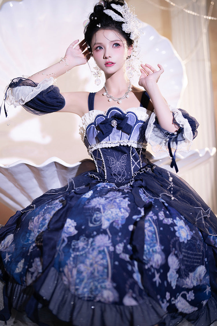 Blue Print Ruffle Lace Sweet Elegant Lolita Jsk Dress