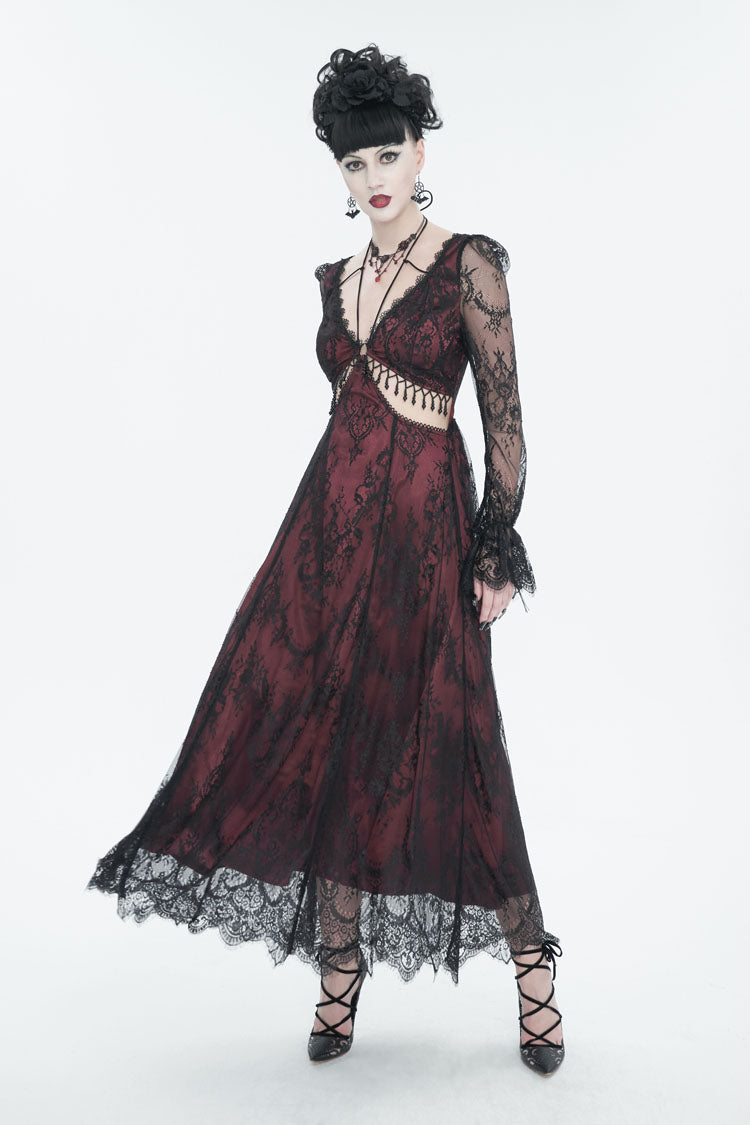 Crimson Lace-Trimmed Cutout Adjustable Waist Gothic Gown