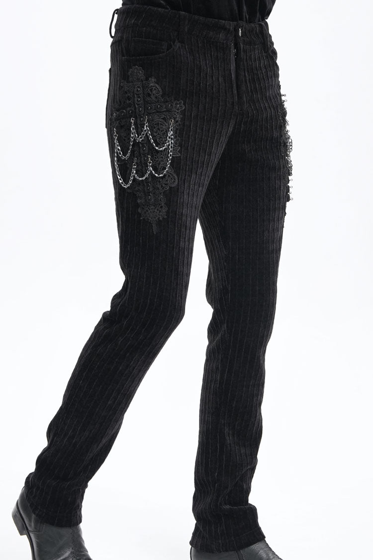 Men's Gothic Pants with Crochet Print and Chain Accent