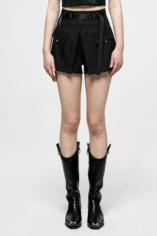 Punk Two-Piece Shorts with Cross Lamination Metal Crescent