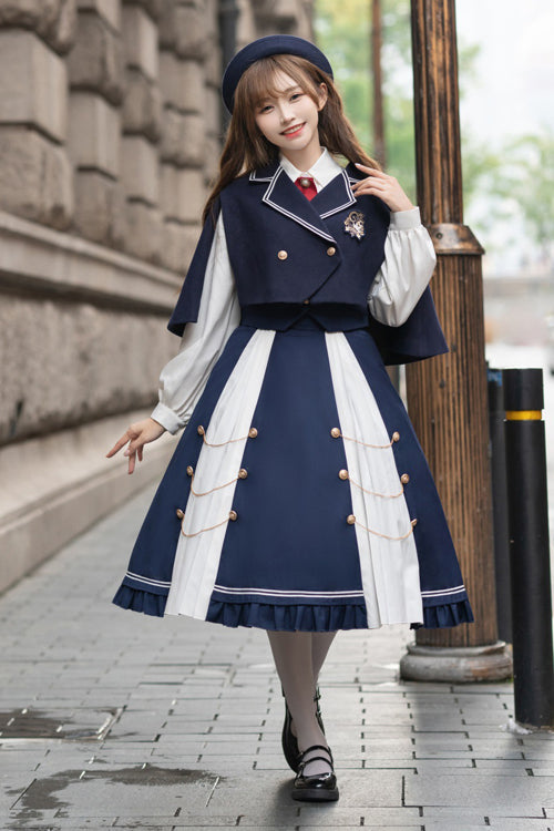 Cerulean and Ivory Double-Breasted High Waist College Style Sweet Lolita Full Set with Suit Collar