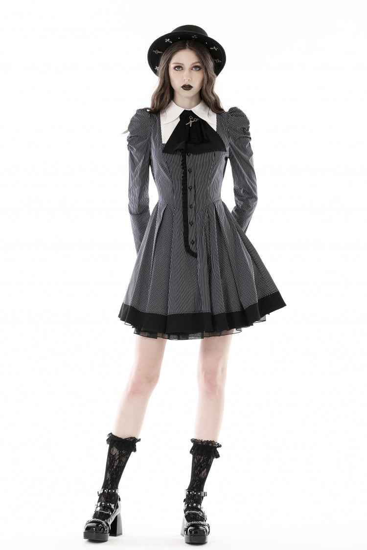Lapel Collar Long Puff Sleeves Striped Preppy Gothic Dress