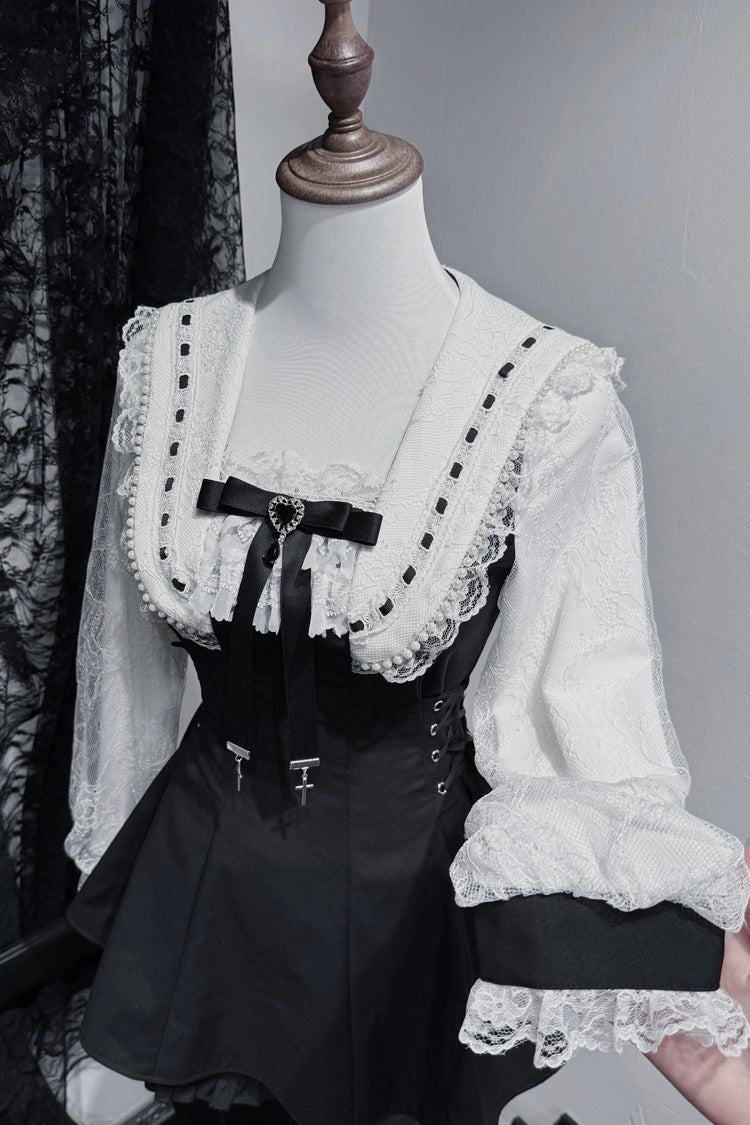 Gothic Square-Collar Print Bow Lace Pearl Jirai Kei Dress with Shorts